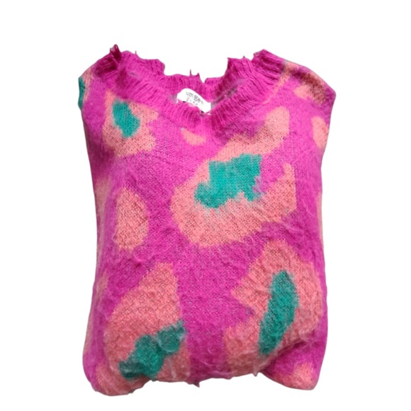 Umgee Women’s Large Pink Leopard Sweater Distressed Neck Boutique Pullover - Picture 8 of 8